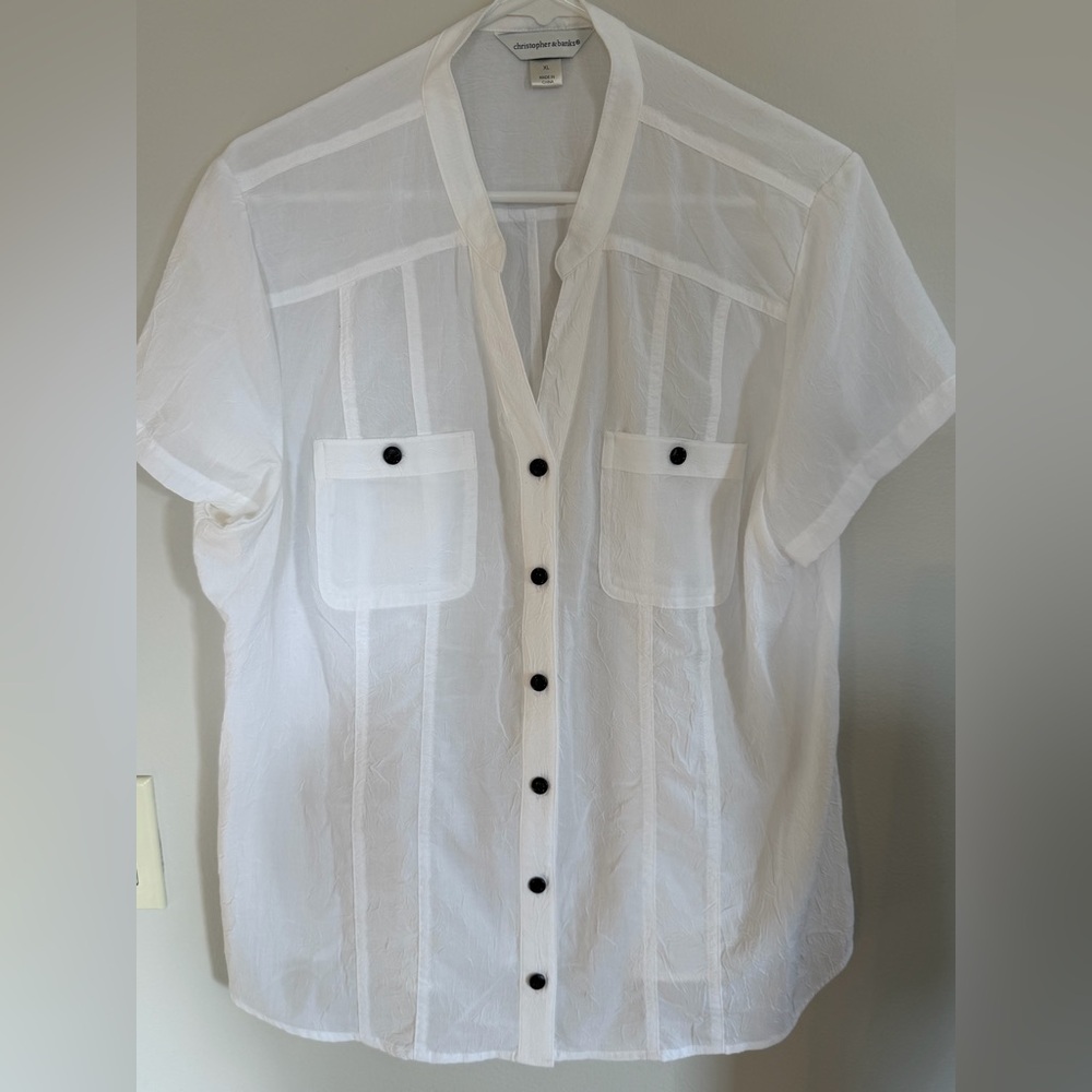 Christopher & Banks White Short-Sleeve Button-Front Shirt with Black Buttons